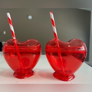 Red Heart-Shaped Cups with Straws
